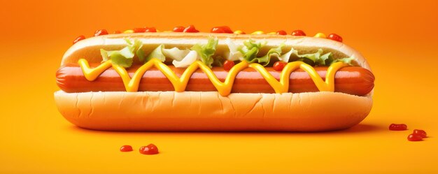 Smaczny, pyszny hot dog na pomarańczowym tle Generacyjna sztuczna inteligencja