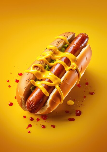 Smaczny, pyszny hot dog na żółtym tle Generacyjna sztuczna inteligencja