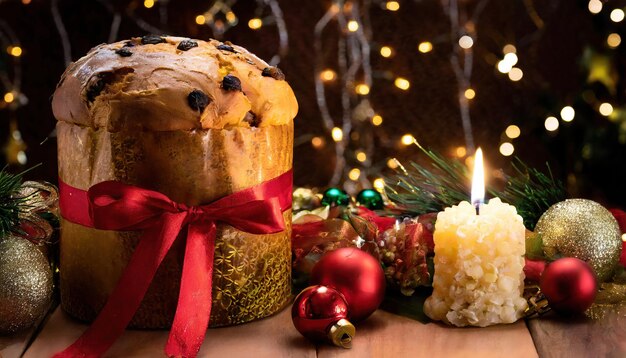 smaczny świąteczny panettone z czerwoną wstążką