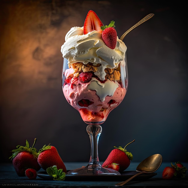 Smaczny truskawkowy deser na ciemnym tle Profesjonalna fotografia reklamowa Oświetlenie studyjne Generative AI