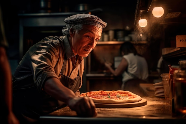 Smak Włoch Szef kuchni pizzaiolo z Neapolu prezentuje przestrzeń do kopiowania pysznej gorącej pizzy