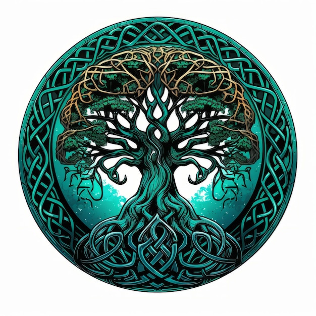 Smaragdowe celtyckie drzewo życia i śmierci symbol generatywnej sztucznej inteligencji