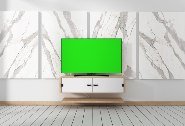 Zdjęcie smart tv mockup z pustym zielonym ekranem wiszącym na wystroju szafki. 3d rendering