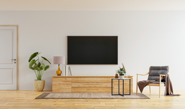 Smart Tv Na Białej ścianie W Salonie Z Fotelem, Minimalistyczny Design, Renderowanie 3d