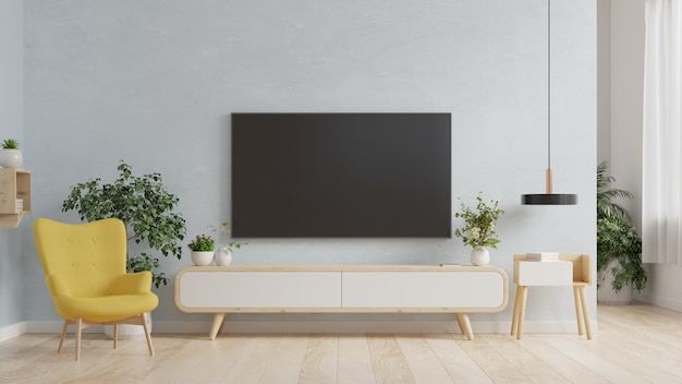 Smart TV na niebieskiej ścianie w salonie z fotelem, minimalistyczny design, renderowanie 3d