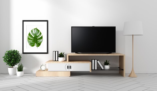 Smart TV na szafie sławy i wystroju, nowoczesny salon w stylu zen. 3d rendering