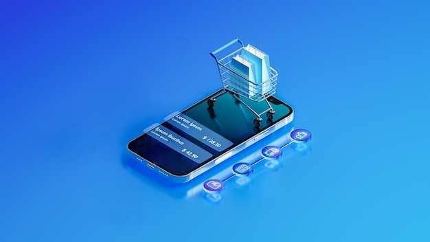 Smartfon i koszyk z e-portfelem płacącym za zakupy online Koncepcja technologii biznesowej online renderowanie 3d