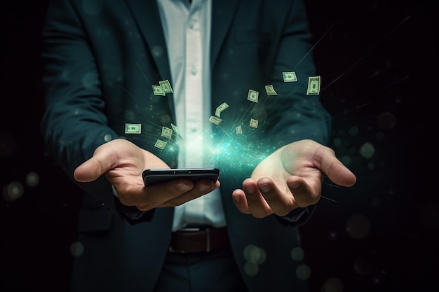 Smartfon koncepcja zarządzania pieniędzmi online z pieniędzmi na rękach biznesmena