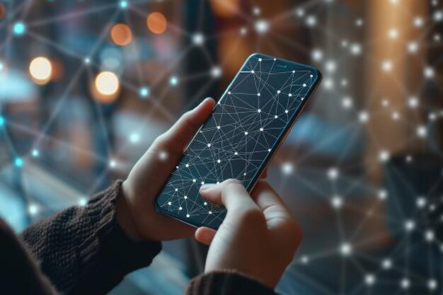 Zdjęcie smartfon pod ręką z technologią network dots stworzoną za pomocą generative ai