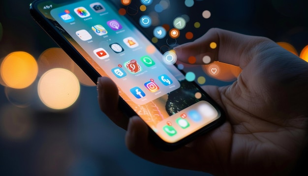 Smartfon w ręku z kolorowymi ikonami aplikacji