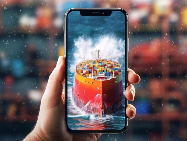Smartfon w ręku z obrazem statku towarowego w porcie Koncepcja logistyki i transportu