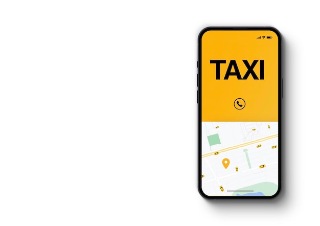 Smartfon z aplikacją Taxi Service na białym tle. Dostawca usług mobilności na całym świecie.