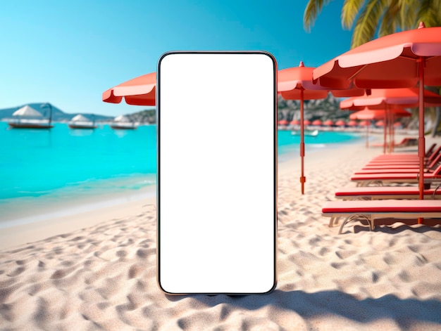 Smartfon z białym ekranem na plaży makiety generatywnej AI