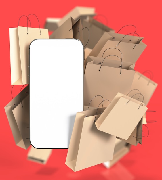 Smartfon z białym pustym ekranem i wieloma papierowymi torbami na zakupy