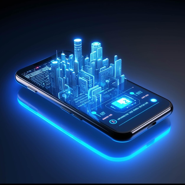 Smartfon z futurystycznym miastem na ekranie ilustracja 3D