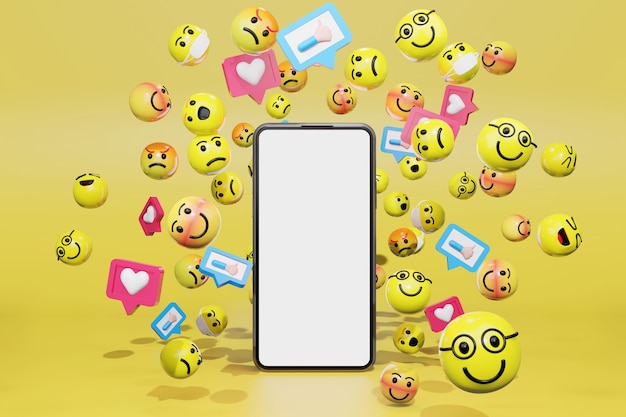 Smartfon z ikonami emotikonów kreskówek dla mediów społecznościowych. Renderowanie 3d