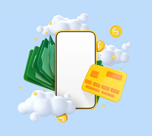 Smartfon z kreskówek 3D z kartą kredytową i pieniędzmi Koncepcja płatności online Aplikacja portfela mobilnego Aplikacja bankowa Przesyłaj pieniądze za pomocą smartfona Ilustracja wektorowa 3d