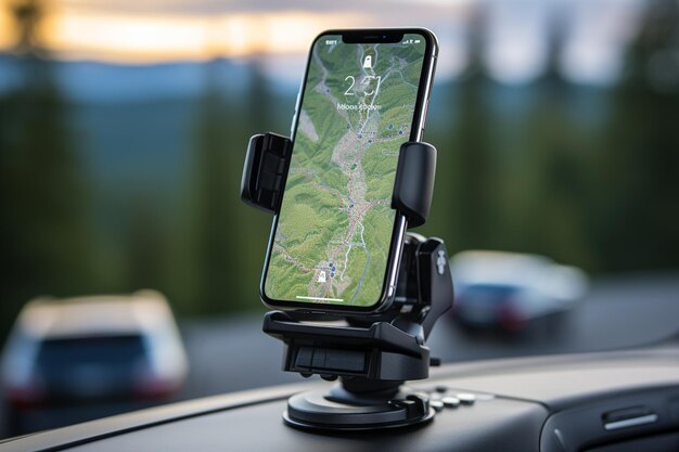 Zdjęcie smartfon z mapą gps na kierownicy