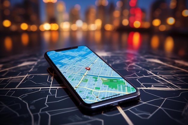 Smartfon z mapą miasta na tle nocnego miasta