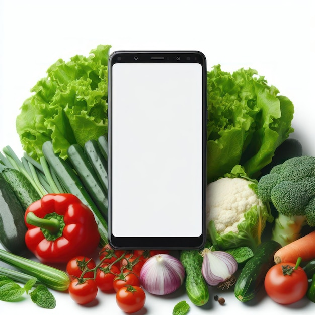 Zdjęcie smartfon z pustym białym ekranem i świeżymi warzywami izolowanymi na białym tle