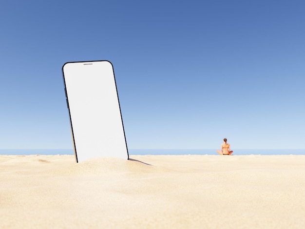Smartfon z pustym ekranem na piaszczystej plaży w pobliżu anonimowej pani