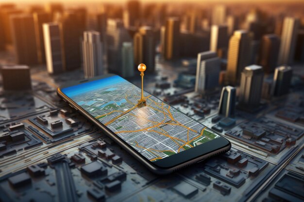 Smartfon z systemem nawigacji Trasa z panoramicznym tłem miasta Wyszukiwanie trasy w wirtualnej ścieżce do punktu Utworzono za pomocą Generative AI