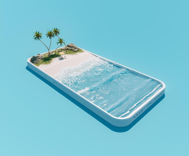 Smartfon z tropikalną plażą i palmami na niebieskim tle