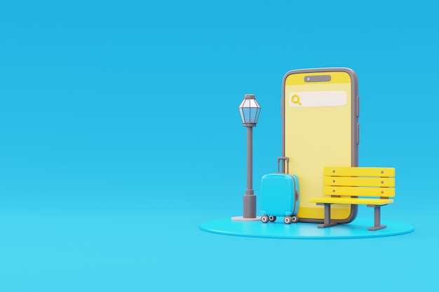 Smartfon z walizką parkową drewnianą ławką i latarnią Turystyka i koncepcja podróży wakacje urlop natura podróż renderowania 3d