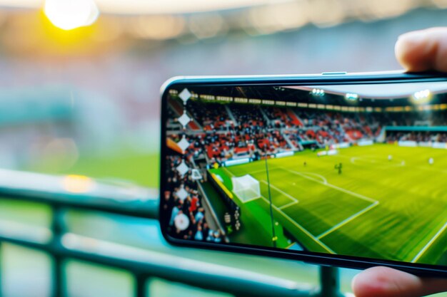 Zdjęcie smartphone in hand with football or soccer field on the screen