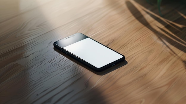 Smartphone rzuca cienie na drewnianą powierzchnię Popołudniowe słońce rzuca spokojną sieć cieni na drewnianym stole, na którym spokojnie spoczywa smartfon