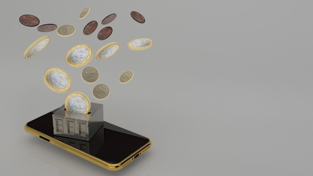 Smartphone transfer pieniędzy monety ilustracja 3d oszczędności