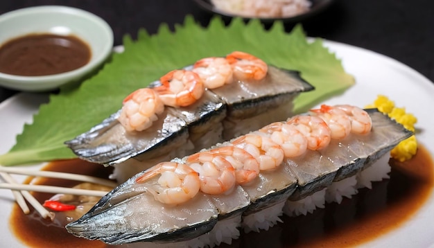 Smażona makrela z pastą krewetek sos sushi jedzenie fuzji