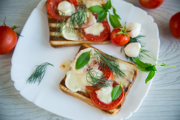 smażone gorące tosty z mozzarellą i pomidorami w talerzu na drewnianym stole