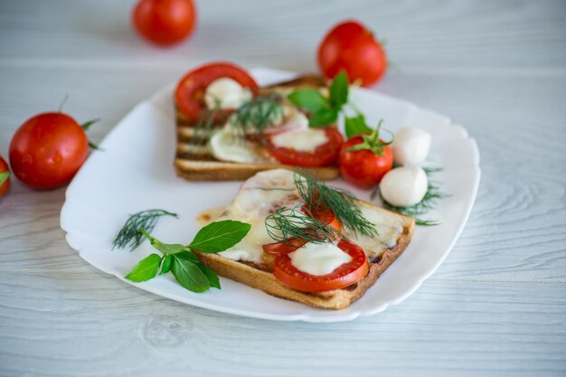 smażone gorące tosty z mozzarellą i pomidorami w talerzu na drewnianym stole