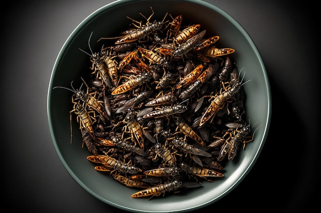 Smażone jadalne owady na talerzu Świerszcze jako przekąska, dobre źródło białka Koncepcja owadożerności entomofagii Generatywna sztuczna inteligencja