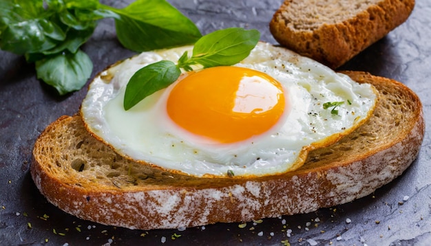 smażone jajko z liśćmi bazylii na chrupiącym chlebie smaczne śniadanie pyszne jedzenie