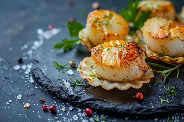 Smażone mięczaki Grillowane skorupiaki Zdrowe Gourmet Seafood Gotowane mięczaki na ciemnym tle