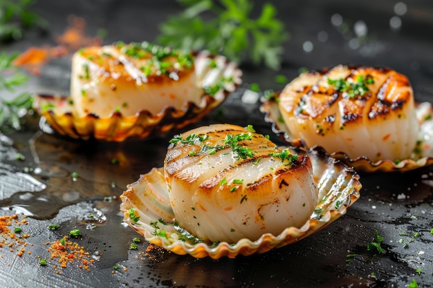 Smażone mięczaki Grillowane skorupiaki Zdrowe Gourmet Seafood Gotowane mięczaki na ciemnym tle