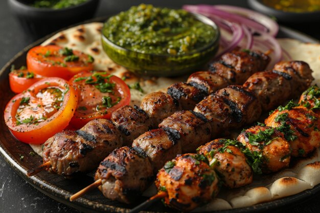 Smażone mięso shish kebab na grillu na szczypie smaczny, ale nie zdrowy przysmak z grillowanymi warzywami i chlebem pita z pieca stek wieprzowy