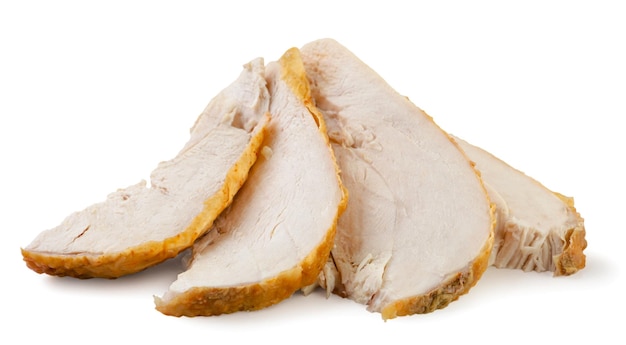 Smażone mięso z kurczaka pokroić na kawałki na białym tle Pojedynczo