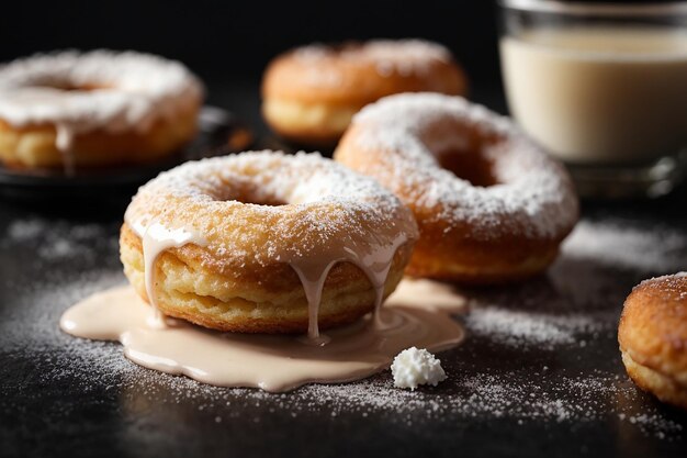 Zdjęcie smażone pączki z cukrem i śmietaną na czarnym stole