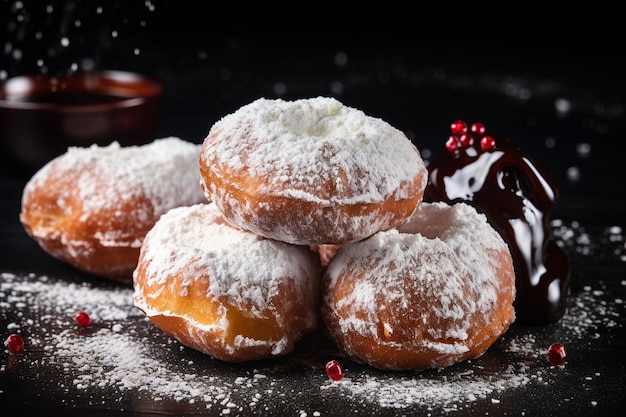 Smażone pączki z cukrem i śmietaną na czarnym stole