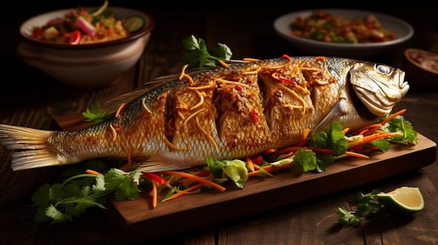 Smażone ryby, karp i świeża sałatka warzywna na drewnianym stole, smażone ryby i warzywa na drewnie