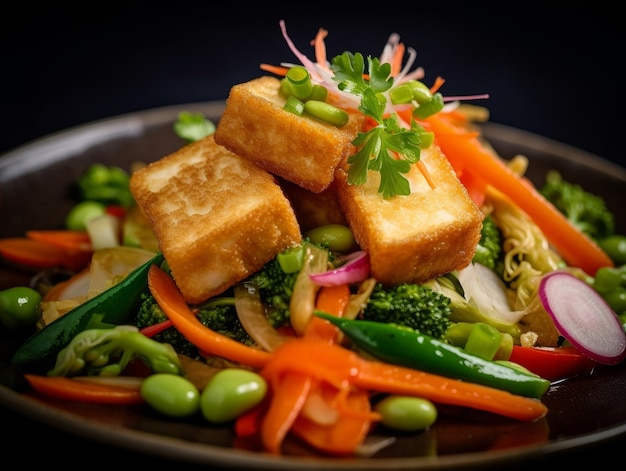 smażone tofu na łóżku z pokrojonych warzyw