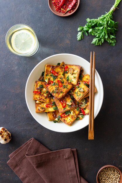 Zdjęcie smażone tofu z papryką, czosnkiem i ziołami jedzenie wegetariańskie zdrowe odżywianie dieta