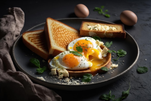 Smażony chleb tostowy z czterema różnymi rodzajami gotowanych jaj kurzych Wygenerowany przez sztuczną inteligencję