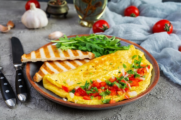 Zdjęcie smażony omlet z pomidorami, cebulą i ziołami. pyszne śniadanie z jajkami i grzankami