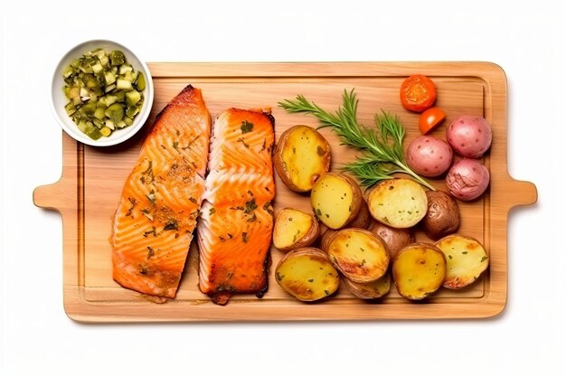 Smażony stek z łososia z ziemniakami i warzywami na drewnianym stole widok z góry