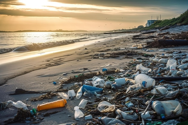 Śmieci i śmieci na plaży o zachodzie słońca Zanieczyszczenie środowiska Uratuj planetę Problem zanieczyszczenia ekologia Generatywna sztuczna inteligencja