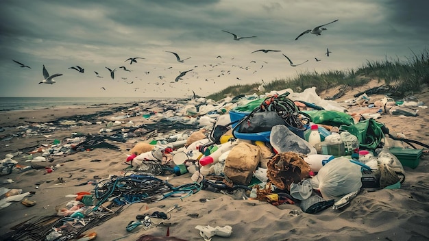 Śmieci na piaszczystej plaży pokazujące problem zanieczyszczenia środowiska